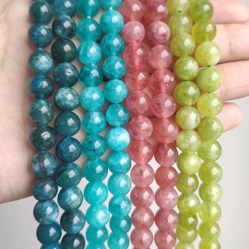 Natural Stone Beads Amazonite Blue Apatite Strawberry Quartzs Loose Round Beads for Jewelry Making DIY Bracelet 15inch Mineral