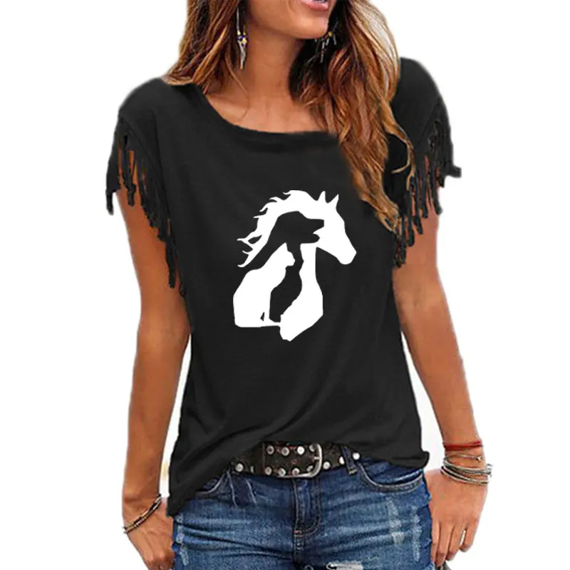 

ANIMAL LOVER Horse Dog Cat Print Women Tshirt Casual Petal Sleeve Hipster Tee Shirt