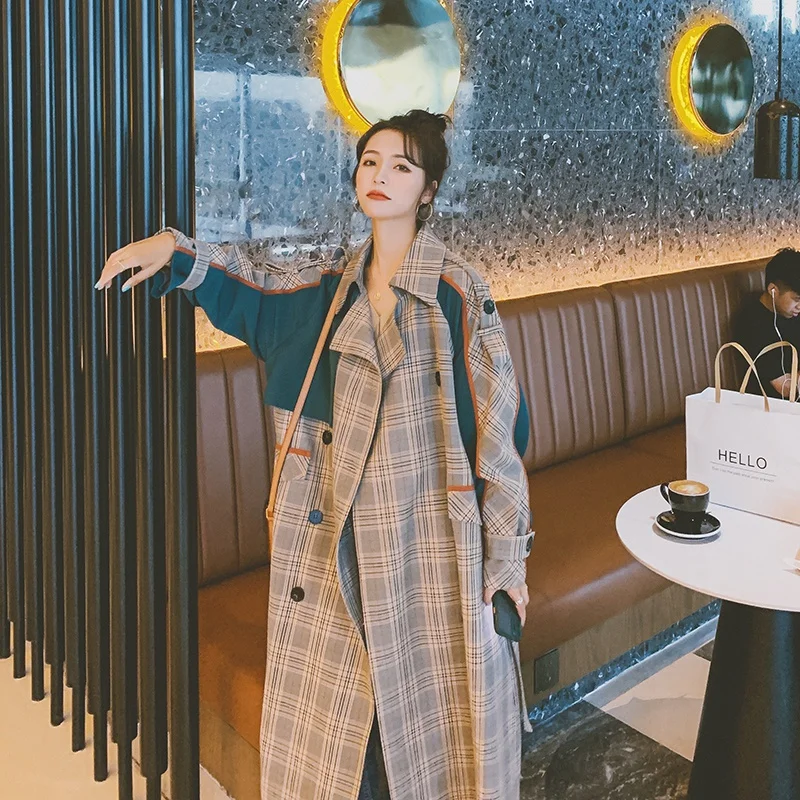 

Brand Pop Korean Style Oversize Long Trench Coat for Women Patchwork Plaid with Belt Double-Breasted Lady Duster Coat Cloak