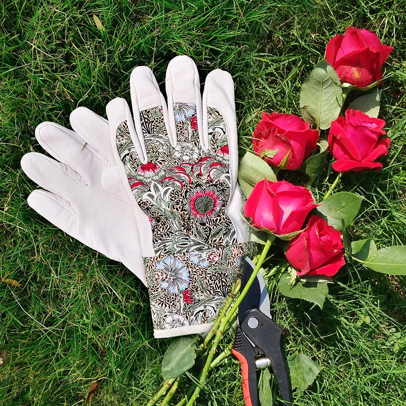 Guantes de trabajo de jardinería para mujer, Palma de cuero de cabra, espalda de algodón, resistencia a las espinas de plantas, protección de muñeca/brazo inferior, talla media