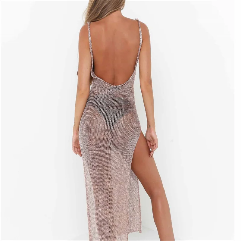 Women Sexy Mesh Beach Dress Sheer Long Cover Up Knitted Glitter Tunic Female Golden Swimsuit Bikini Sarong Swimwear Sling Dress