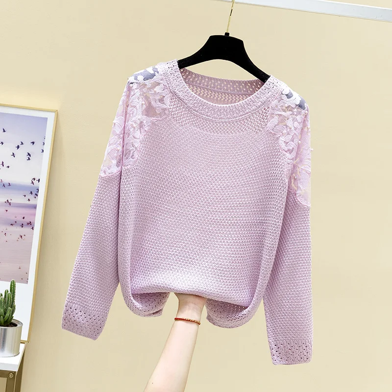 2021 spring round neck thin cut loose top women's sweater Pullover lace long sleeve knitted bottomcoat fashion