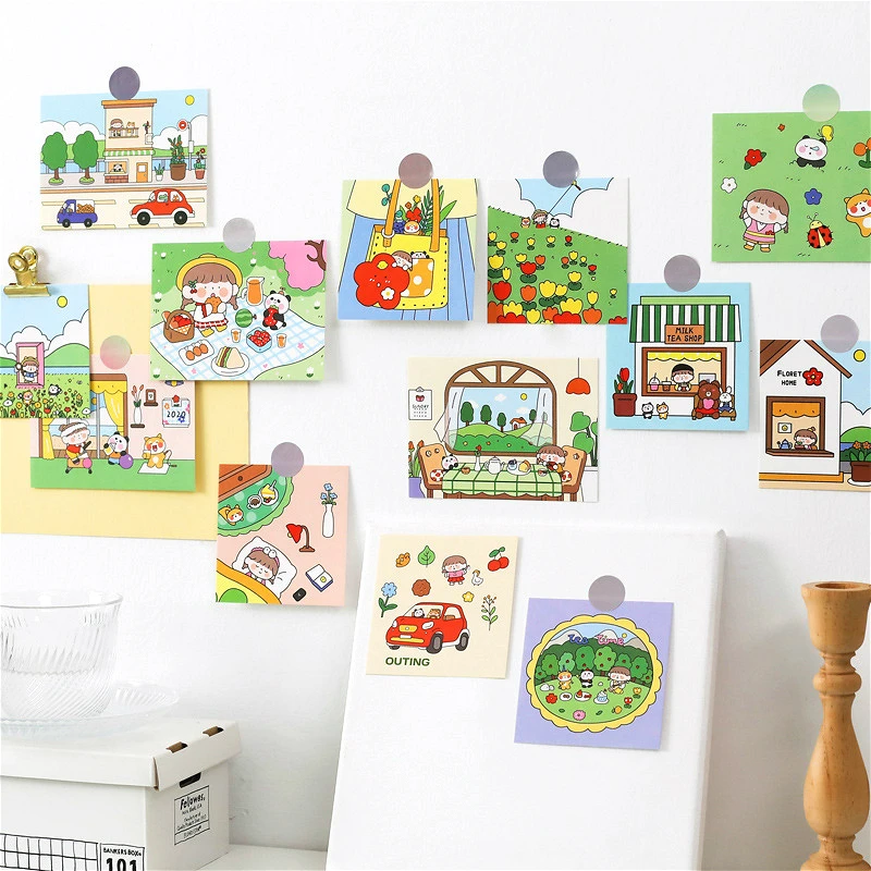 6-9pcs Cute Kids Drawing Decoration Cards Art Postcard Panda Dog Flower DIY Wall Sticker Photo Props Background Stationery Gift