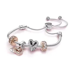 925 Sterling Silver Rose Sparkling Freehand Heart With Crystal Beaded Bracelet For Women Wedding Gift pandora Jewelry