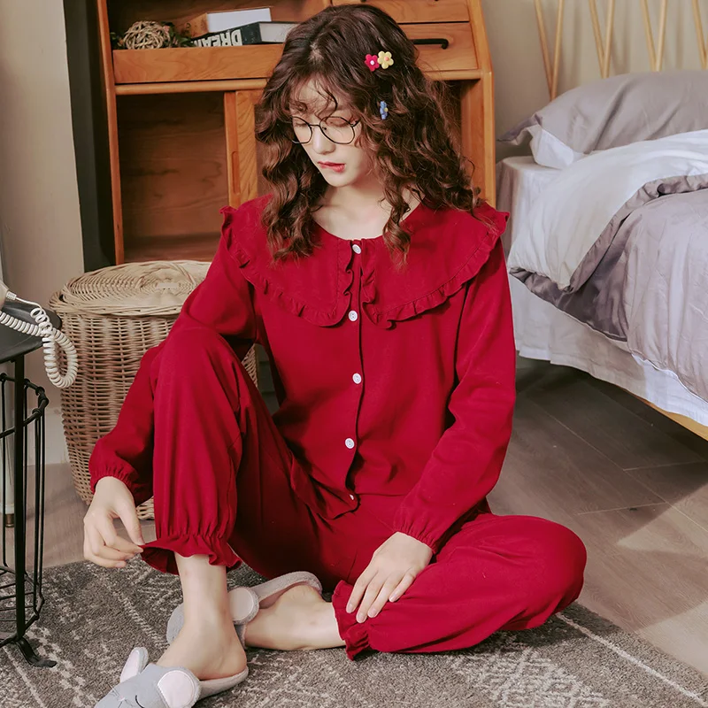 Women Full Cotton Pajamas Wedding Festive Red Pajama Sets Sleepwear Long Sleeve Top+Long Pants Pajamas Home Clothing Pyjamas