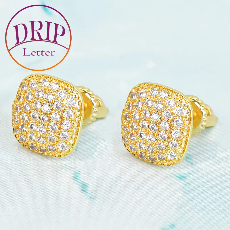 Gold Color Full Cubic Zircon 10MM Square Men Women Stud Earring Screw Back Earrings Hip Hop Jewelry For Gift