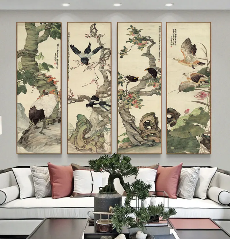 

Chinese-style flower painting of birds, plum blossom, artistic bird painting, canvas posters for home decoration