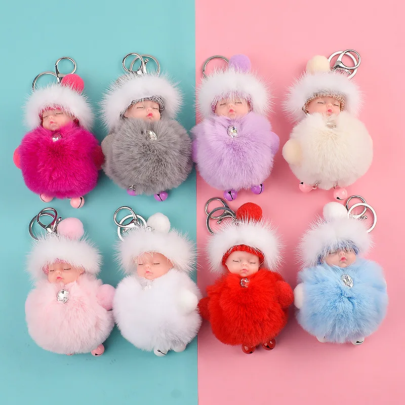 

Cute Sleeping Dream Doll Bell Pompom Rabbit Fur Ball Key Chain Fluffy Pompon Keyring Women Key Holder Car Bag Charms Key Ring