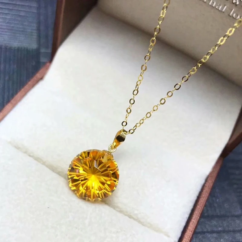 

shilovem 18k yellow gold citrine pendants fine Jewelry women party new classic round gift none necklace 12*12mm mymz1212666j