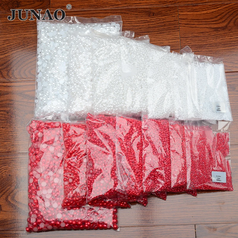 JUNAO 2 4 6 8 10 12 14mm Wholesale White Red Flatback Pearl Half Round Beads Non Hot Fix Crystal Strass Nail Art Stones DIY