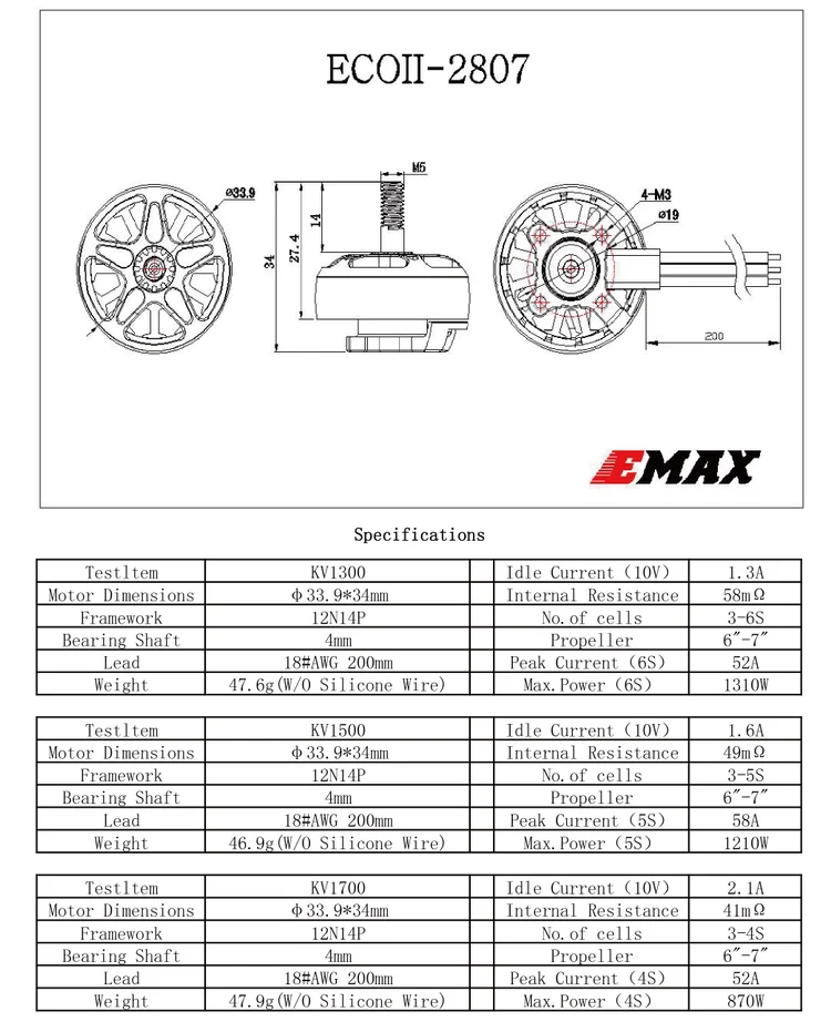 4 Stück EMAX ECO II 2807 6S 1300KV 5S 1500KV 4S 1700KV Bürstenloser Motor – Detail 2