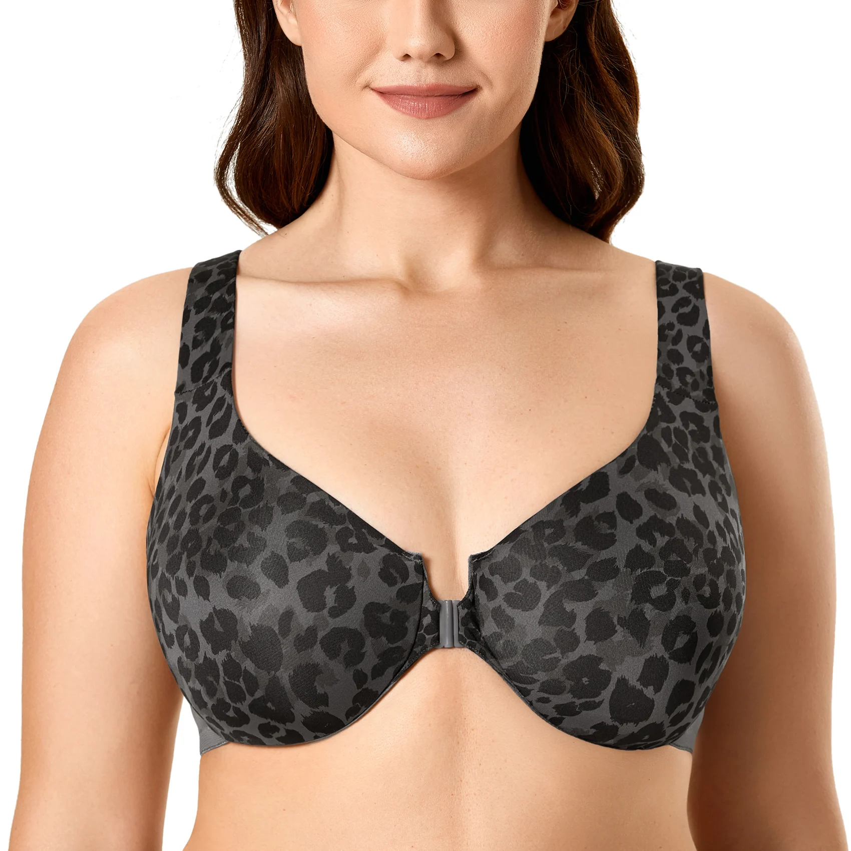 Women\'s Front Closure Racerback Underwire Full Coverage Non-padded T-shirt Bra Sheer Back Leopard Printed Sexy B-DD F G 34-48