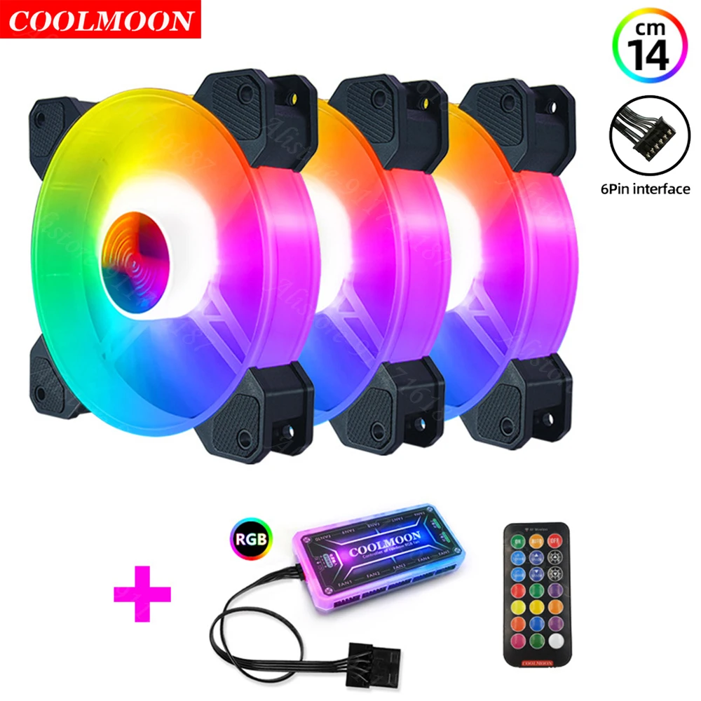 Imagem -05 - Coolmoon-rgb Computador Chassis Ventilador Dissipação Dissipação Case Acessórios pc Gaming Cooler Controle Remoto 6pin 140 Milímetros