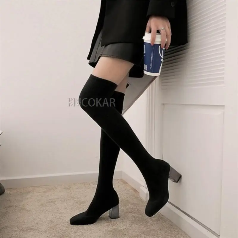 2021 new long tube knitted wool over the knee elastic stockings boots round head thin high-heeled thin boots