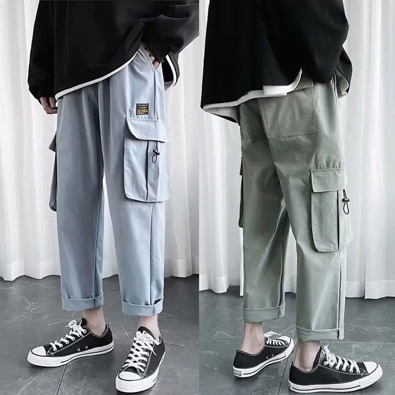 2020 calças de carga hip hop para homens kpop versátil leggings baggy perna reta estilo preppy masculino calças casuais em linha reta safari preto