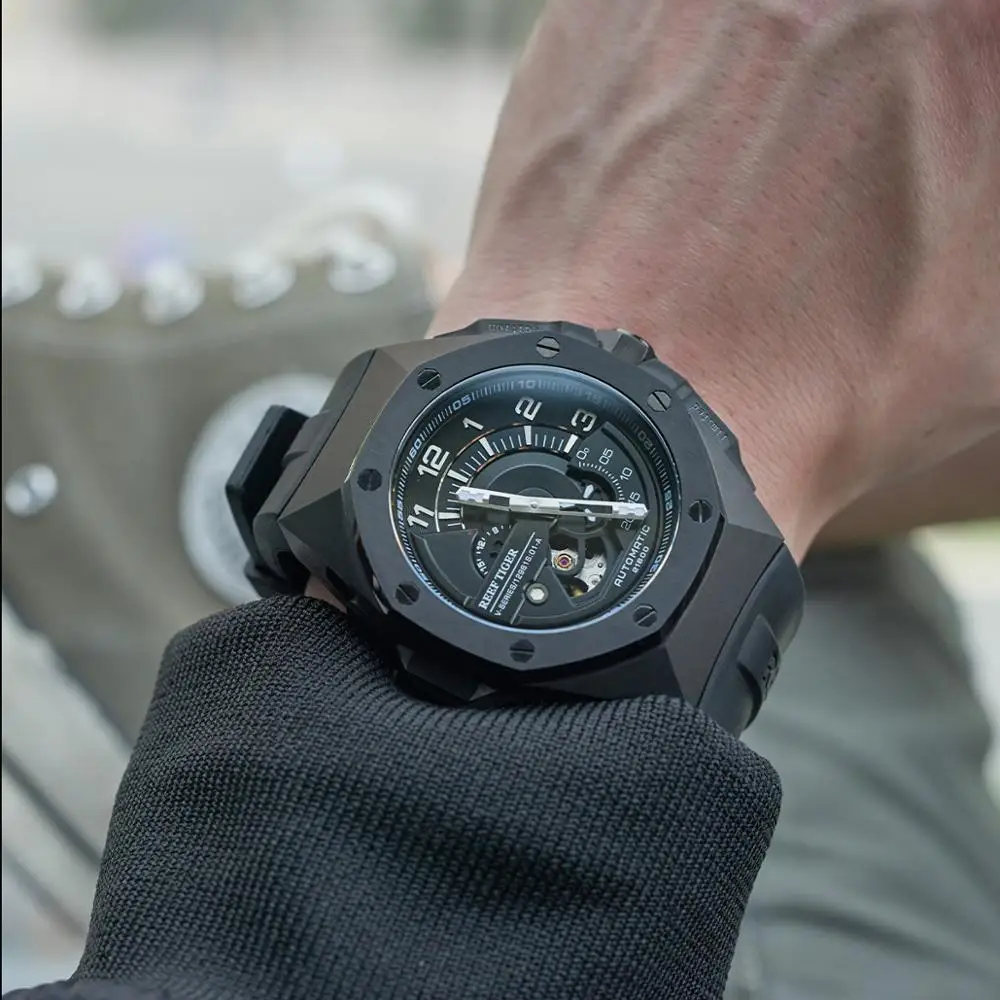 

Reef Tiger Мужские автоматические часы 44 мм Механические наручные часы 10ATM Водонепроницаемые военные светящиеся сапфировые скелетоны Маленький секундный циферблат