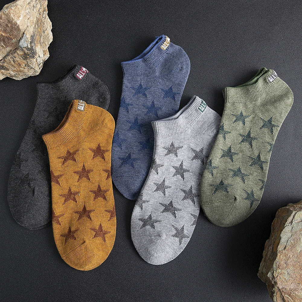 Men\'s Fashion Cotton Socks Colorful Fashion Boat Stars Embroidery Shallow Sweat-absorbent Breathable Socks Male 5 Pairs/Lot