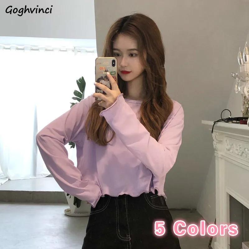 Long Sleeve T-shirts Women Solid Ruffles Soft Fashion Thin Ulzzang Autumn Leisure O-Neck Trendy Streetwear All-match Bottoming