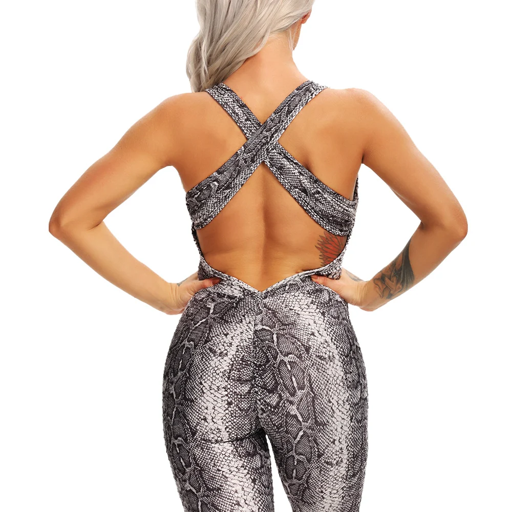 New Snake Pattern Print Women Yoga Set Halter Sports Suit Backless Sexy Yoga Jumpsuit High Waist Hips Trousers Fitness Tracksuit