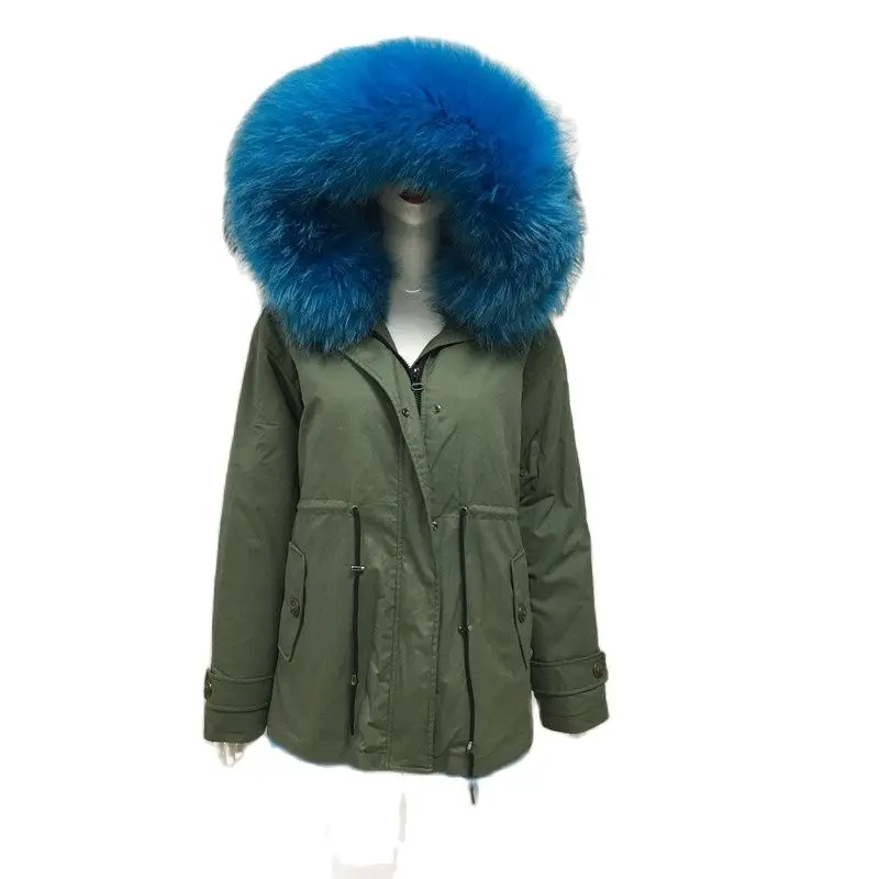 Women Beautiful Peacock Blue Raccoon Fur Collar Army-Green Parka Mr&Miss Short Coat Real Fox Fur Lining Luxury Clothes