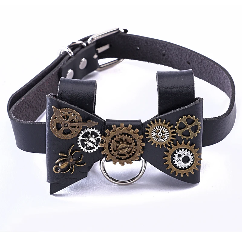 Steapunk Leather Bow Knot Gears Necklace Collar Fashion Punk Bow Tie Gear Choker Clothing Accessories