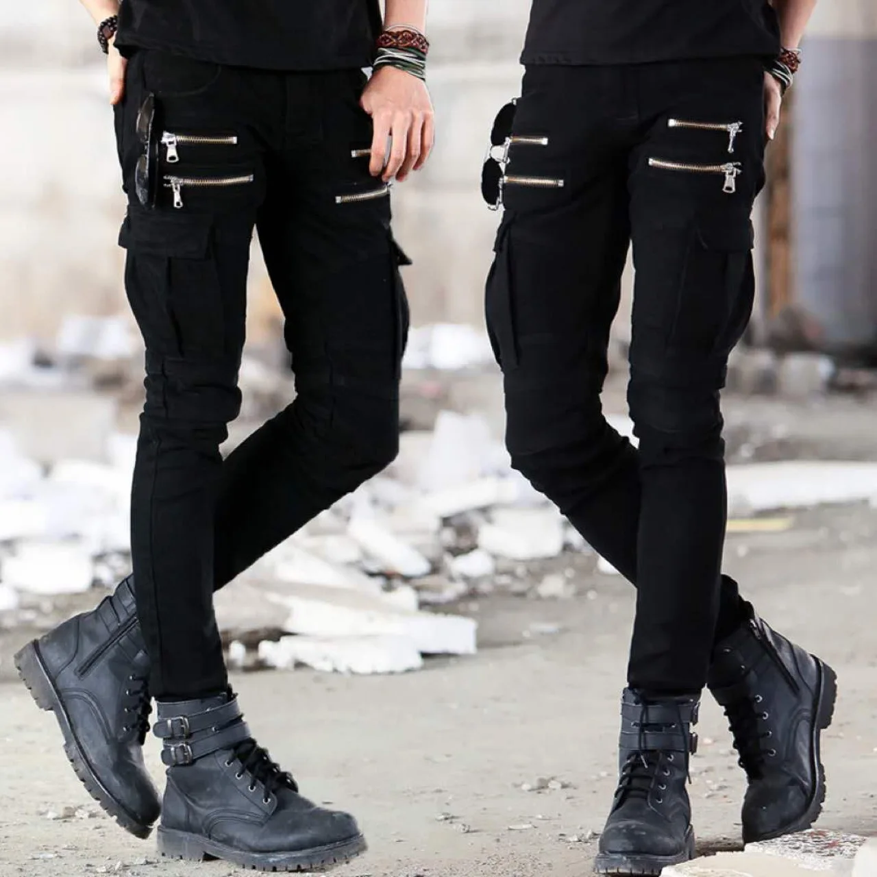 

Motorcycle Denim Pants Men's Black Jeans Fashion Stretch Zipper Skinny Jeans Pleated Moto Biker Men Slim Pants Hot Selling