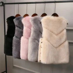 Winter Fur Vest Women Solid Color Chic Side Buckle Short Sleeveless Vest Jacket Slim Loose Plus Velvet Thickening Women Clothing