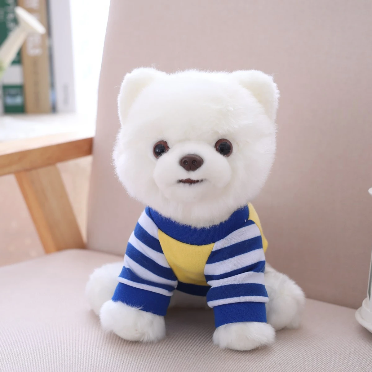 

25cm Pure White Blue Stripe T-shirt Dressed Pomeranian Doggy Stuffed Animal Pets Doll Adorable Dog Plush Toy Little Kids Gift