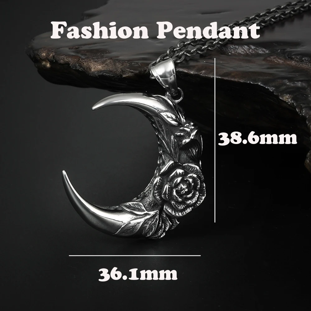 Moon And Night Pendant With Flowers Basic Punk Stainless Steel Link Chain Chokers Vintage Solid Metal Collar Party Gift For Man