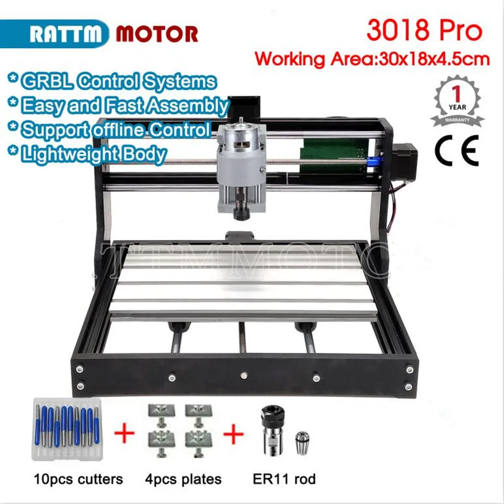 3 Axis 3018 pro GRBL CNC Mini laser engraving machine 30x18x4.5cm & ER11 Collet For plastic, wood, acrylic, pvc, pcb