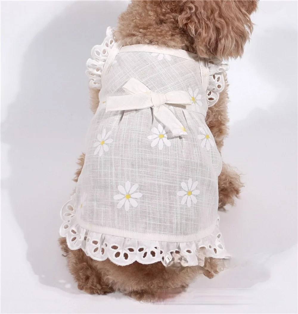 Pet Clothes Summer Clothes Linen Cotton Sling Flying Sleeve Daisy Flower Doll Skirt Pet puppy clothes cat dresses chihuahua