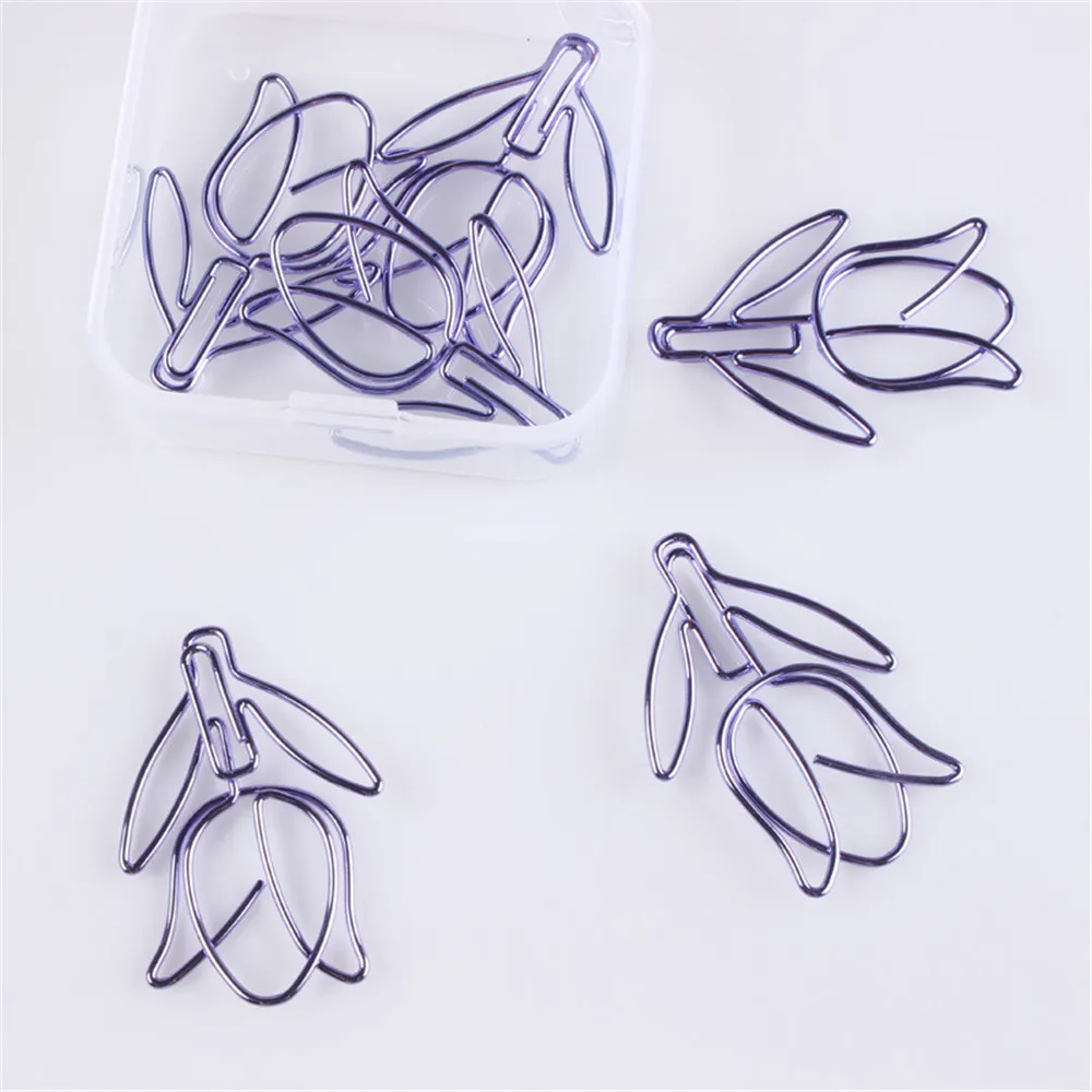 12 Stks/doos Paarse Tulpvormige Paperclip Bladwijzer Briefpapier Voor Diy Dagboek Album Office Student Markering Clips