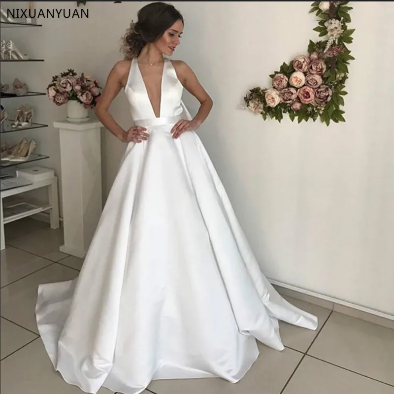 Wedding Dresses Satin V-neck A-line Cheap Wedding Dress Country Garden Backless Simple Bridal Gown