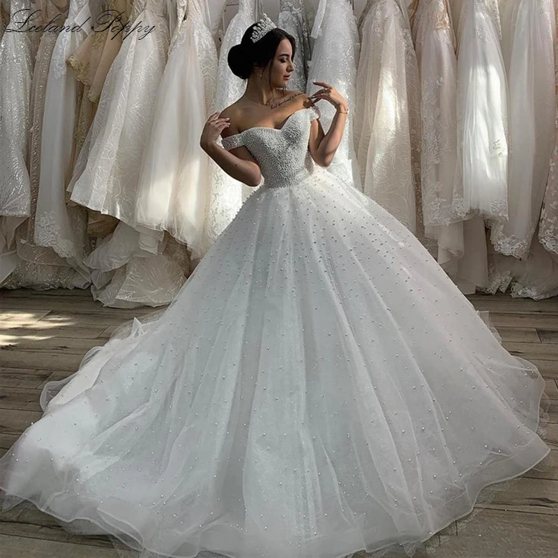 Lceland Poppy Customized Boat Neck Ball Gown Wedding Dresses Pearls Beaded Off the Shoulder Floor Length Bridal Gowns