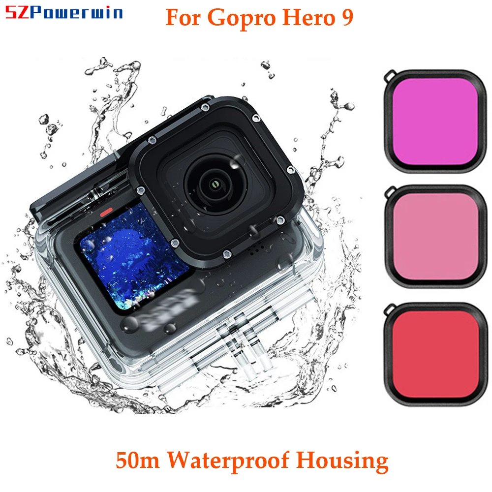 

SZPowerwin 50m Waterproof Diving Housing for Gopro Hero 9 Case Shell Tempered Glass Touch Sreen Filter Kit Action Camera Cover