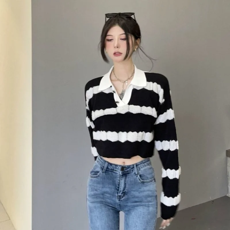 Cropped Pullovers Women 스트라이프 디자인 턴 다운 칼라 All-match Loose Preppy 심플 일본식 봄 소프트 트렌디 세련된 New