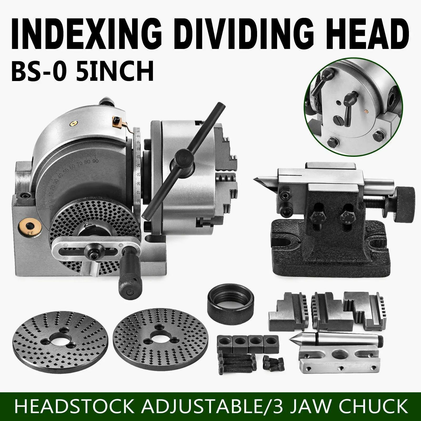 

BS0 5" Dividing Head Precision Semi Universal W/ 3 Indexing Plates, MT2 Tailstock & 125mm 3 Jaw Chuck for Drilling Milling