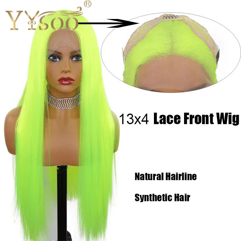 YYsoo Wig Sintetik Lurus Sutra Hijau Neon Panjang Wig Depan Renda Tanpa Lem untuk Wanita Wig Hijau Cosplay Tahan Panas