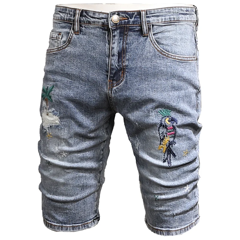 Men Parrot Embroidery Ripped Denim Shorts Summer Streetwear Casual Mens Light Blue Slim Fit Short Jeans