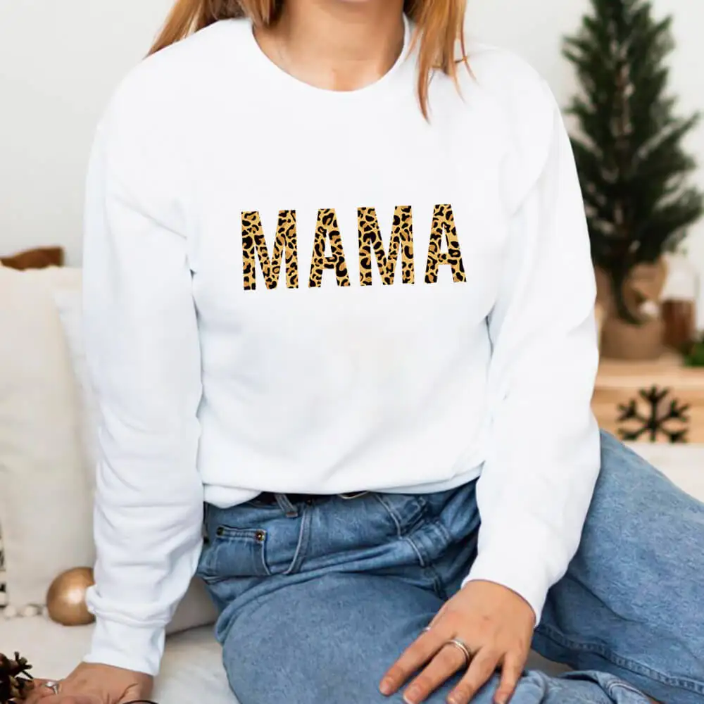 

Mama Leopard 100%Cotton Printed Women Sweatshir Momlife Spring Autunm Casual O-Neck Pullovers Long Sleeve Top Gift for Mom