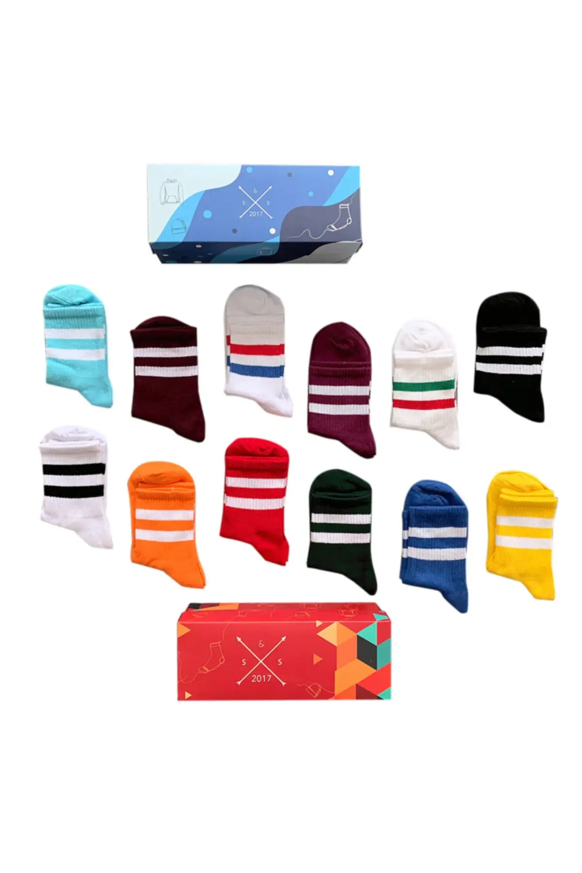 12 double Tennis-Striped Colorful Socks Box