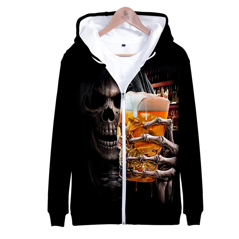 

New Skull Beer 3d Hoody Costume Men Women Zipper Hoodies Jackets Tops Sport Hip Hop Long Sleeve Zip Up Unisex Hooded Sweatshirts