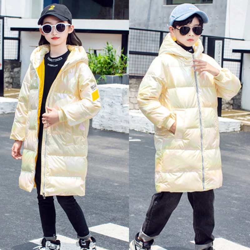 

Winter 2020 Girls Clothes Duck Down Jacket Shiny Color Warm Outdoor hooded Long Coats For Boys 2-13Y Outerwear Clothes