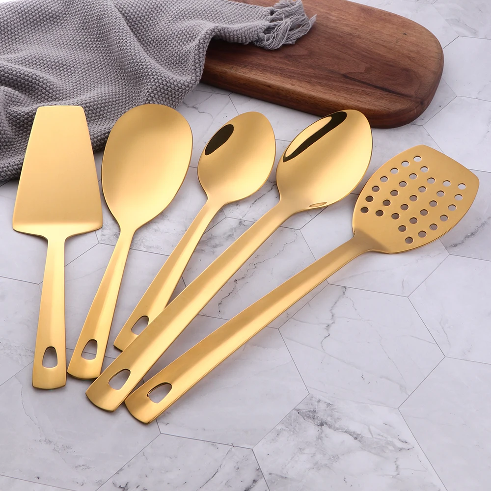 1pc Gold Stainless Steel Long Soup Spoon Cooking Utensils Pink Metal Polish Skimmer Colander Shovel Spatula Kitchenware Set