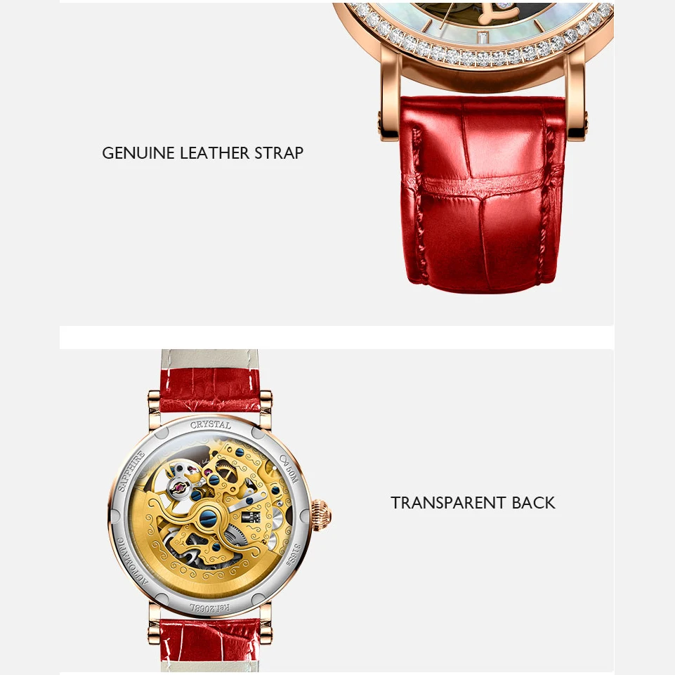 LOBINNI Orologi da donna Orologio automatico da donna di marca di lusso superiore Orologio da polso meccanico a carica automatica Quadrante scheletrato Quadrante con perla di zaffiro