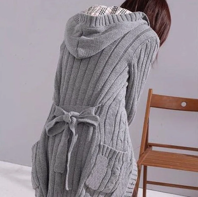 Women\'s Knitted Cardigan Plaid Hooded Slim Solid Color Twist Lace Up Thickened Cardigan Women Long Knitted Hooded Coat Sweater