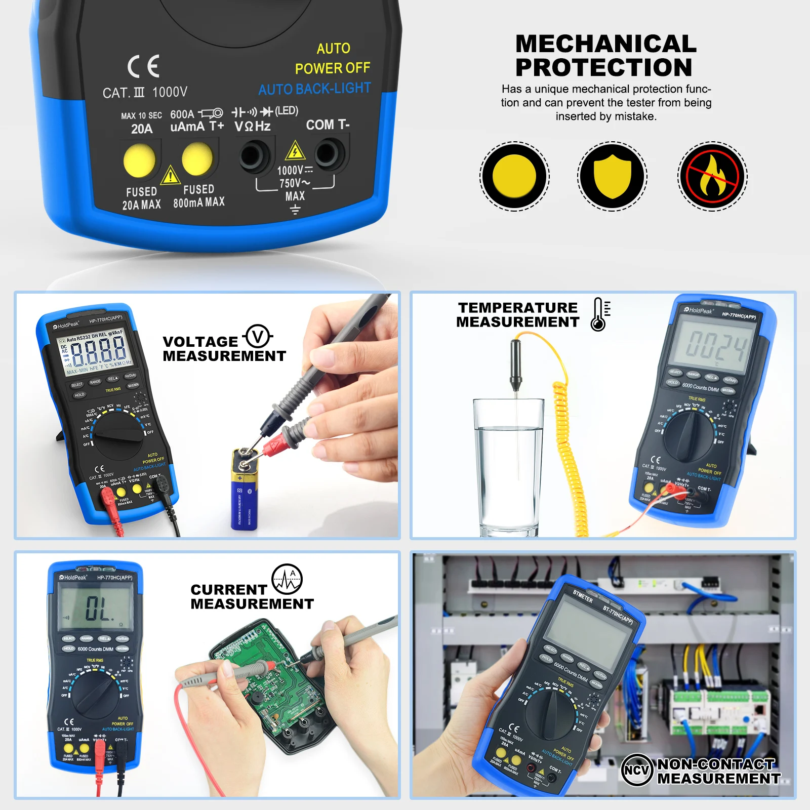 HOLDPEAK Bluetooth Auto Ranging Digital Multimeter HP-770HC-APP True RMS with NCV Feature and Temperature/Duty Cycle Test