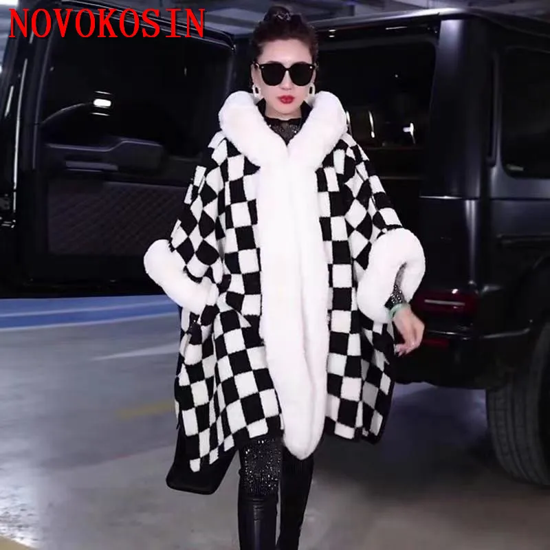 5 Color White Black Plaid Winter Streetwear Women Big Pendulum Poncho Long Cape Faux Fur Collar Batwing Sleeves Loose Shawl Coat