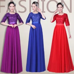 XYF-60#Evening Dress Long O-Neck Chiffon Purple Royal Blue Red Performance dresses O-Neck Sequins Wholesale women's Clothing