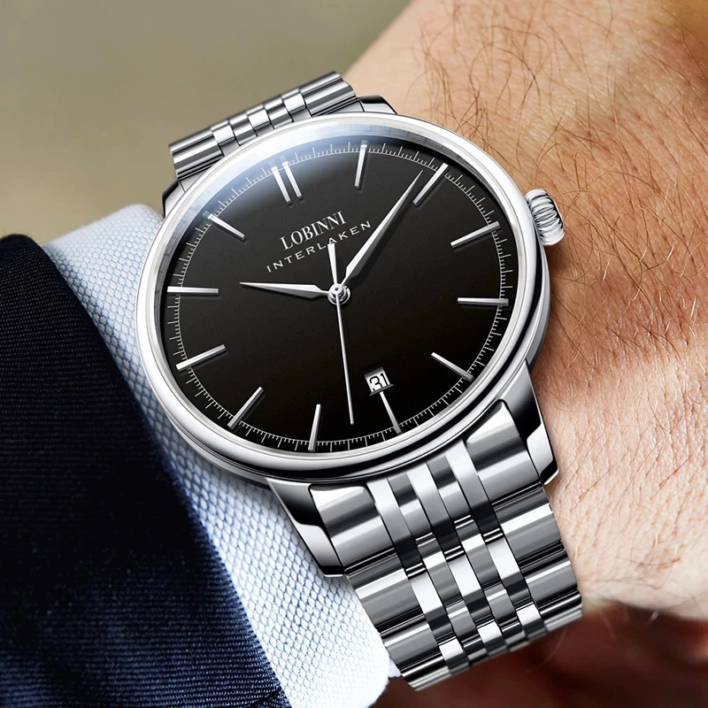 LOBINNI Nuovi orologi meccanici classici da uomo Orologio impermeabile da lavoro Orologio automatico in acciaio inossidabile di marca di lusso